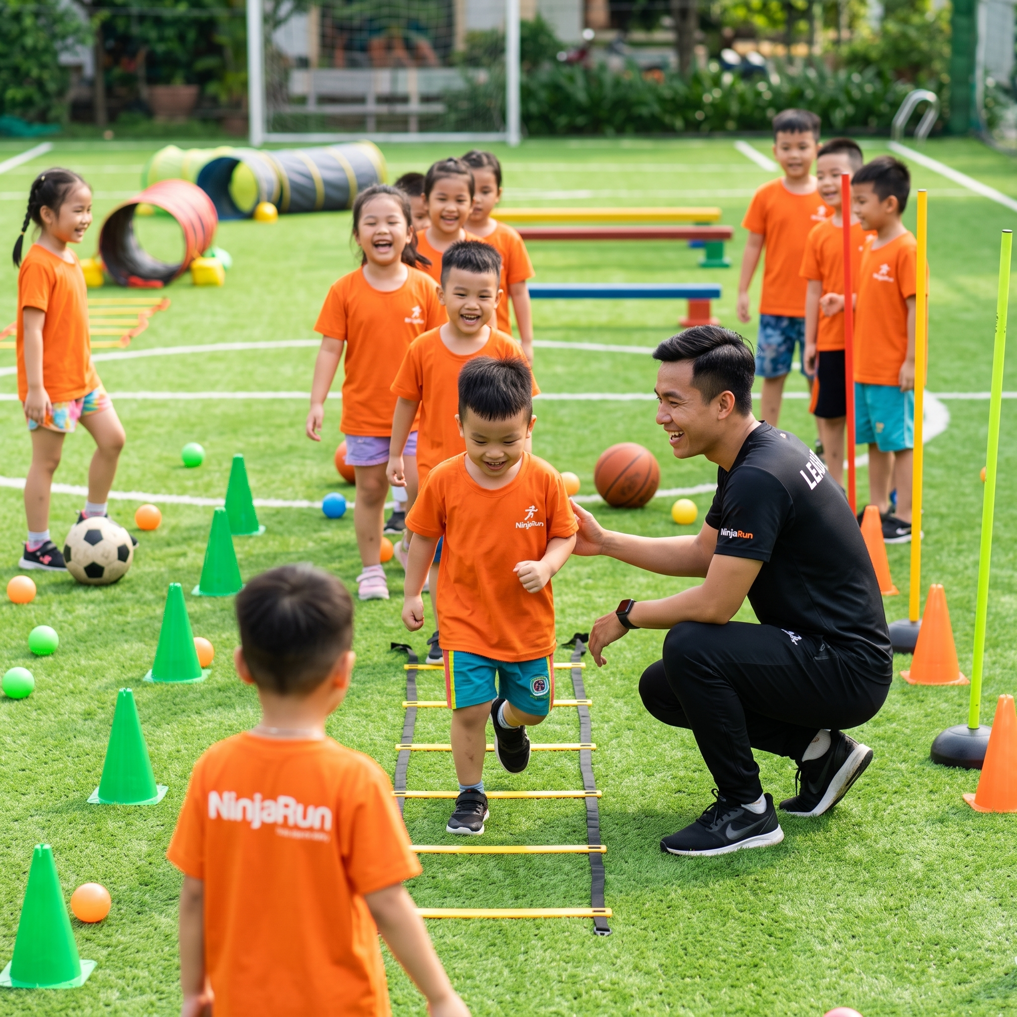 Leader ninjaRun đồng hành cùng các bé trong buổi tập ngoài trời